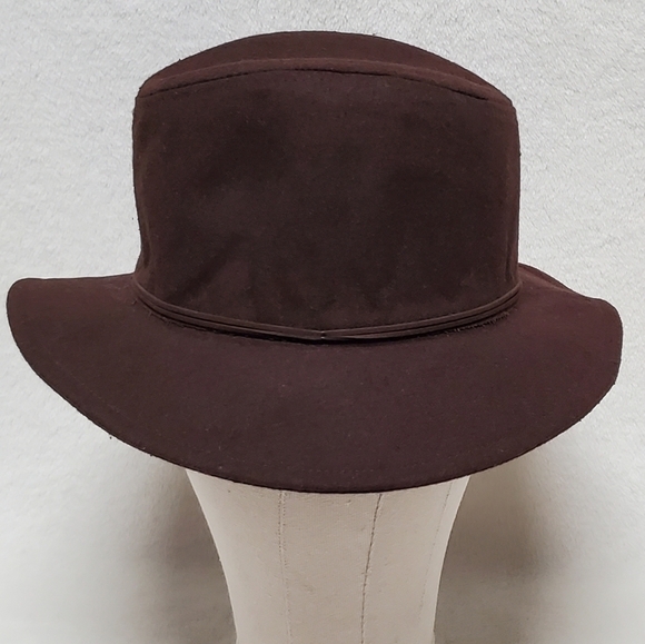 ?VINTAGE Brown Wool Felt Leather Band Gold Feather Lined Fedora Hat Bucket Hat